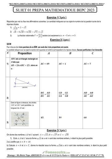 Compilation PREPA BEPC Maths 2023 DRENA ISSIA