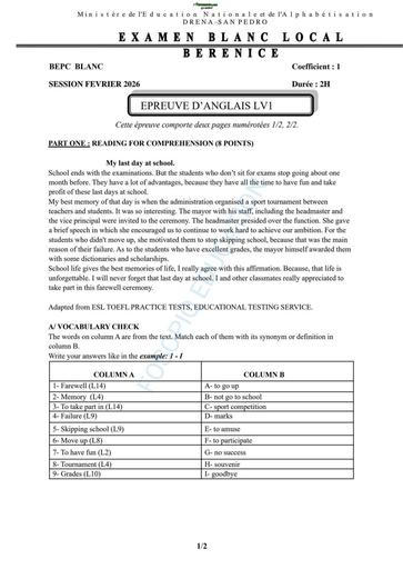 ANGLAIS 2026 BEPC BLANC SAN PEDRO 2026