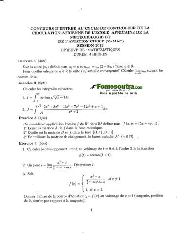 Sujet de Maths Concours EAMAC cycle Contrôleur de la circulation session 2012