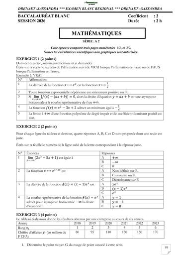 BAC blanc 2026 MATHS serie A2 SUJET Drena SASSANDRA By TEHUA