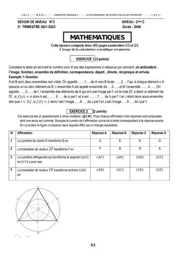 DEVOIR DE NIVEAU MATHS 2C N°02 2021 2022  LMJFY