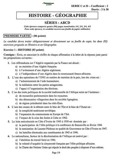 Bac 2026 Sujet Histoire Géographie série ABCD By Tehua