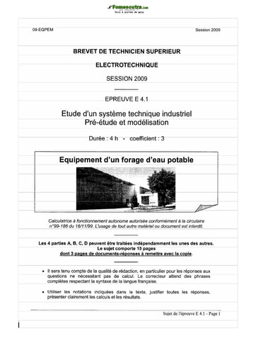 BTS Electrotechnique Physique appliquée a l'électrotechnique 2009