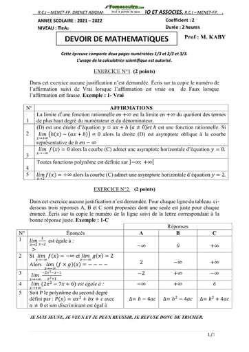 Devoir de Mathématiques niveau Terminale A2 2021 2022