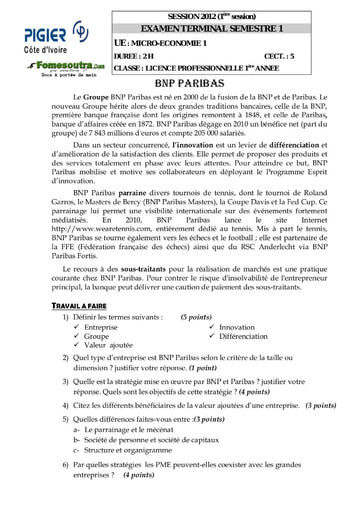 Sujet de Micro-Economie 1 Licence Professionnelle 1ere année session 2012 (2) - PIGIER