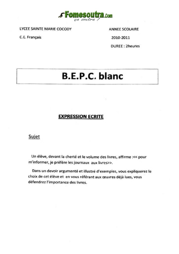 Sujet d'Expression écrite BEPC blanc 2011 Lycée Sainte Marie de Cocody