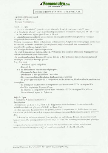 Corrigé Biologie Infirmiers-Infirmières INFAS 1995
