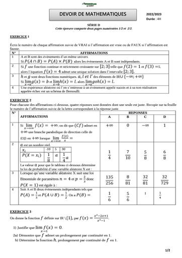 DEVOIR DE MATHS NIVEAU Tle D COURS DU SOIR BY TEHUA