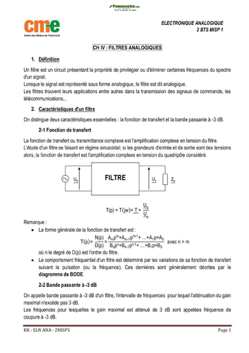 Cours sur le filtre analogique