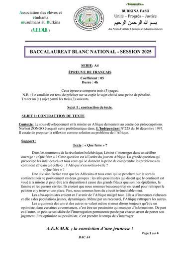 SUJET BAC  A4 FRANCAIS AEEMB 2025 BURKINA FASO BY TEHUA