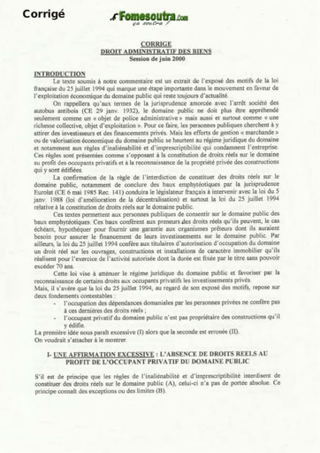 Corrigé de l'épreuve de Droit Administratif des Biens - Juin 2000