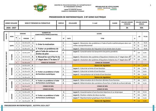 PROGRESSION DE MATHS GENIE ELECTRIQUE  2e Année  BT 2026 BY TEHUA