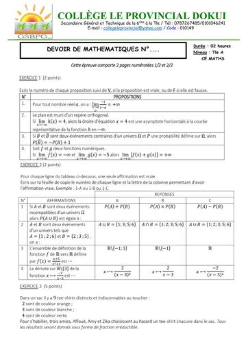 DEVOIR DE MATHS Tle A TRIMESTRE 2 Janvier 2026 BY TEHUA