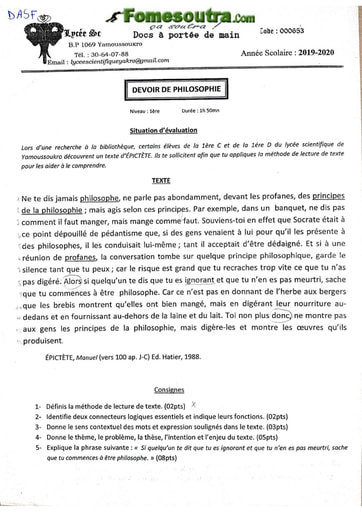 Devoir de Philosophie niveau Première - Lycée Scientifique de Yamoussoukro