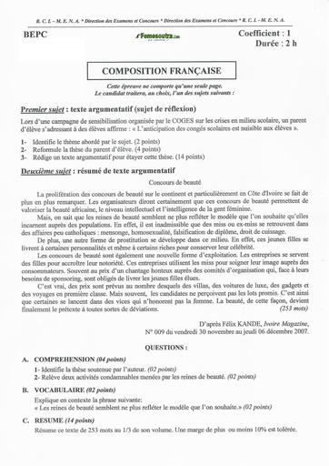 BEPC 2025 EPREUVE DE COMPOSITION FRANCAISE PROBABLE  COTE D'IVOIRE BY TEHUA