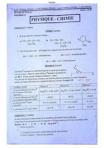 Sujet de Chimie Niveau Première D Lycée Classique Abidjan 22-23