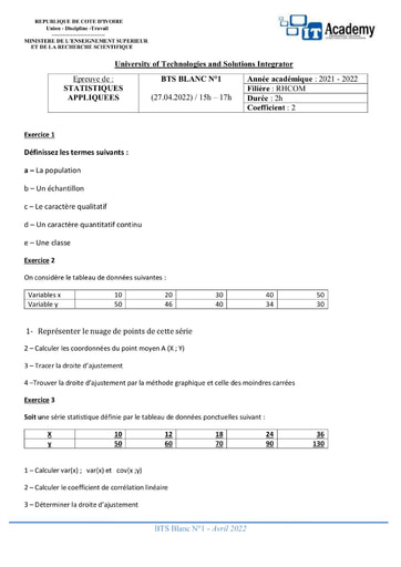 EPREUVE DE STATISTIQUES APPLIQUEES