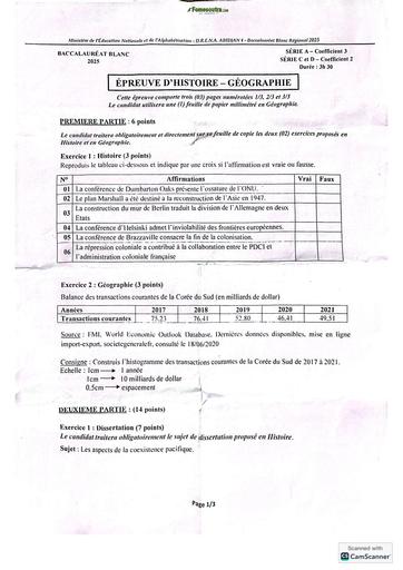 Bac blanc régional 2025 dren Abidjan 4 HISTOIRE GEOGRAPHIE SERIE ACD SUJET BY TEHUA