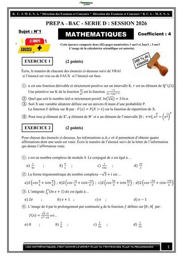 PREPA BAC 2026 KABY MATHS SERIE D 7 SUJETS BY TEHUA