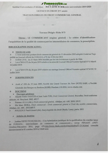 Travaux dirigés de Droit Commercial Général - Licence en Droit 2eme année - Institut Universitaire d'Abidjan