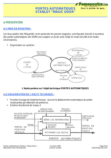 Sujet Portes Automatiques Stanley 'Magic Door"  - Étude des système techniques industriels - niveau Terminale F2