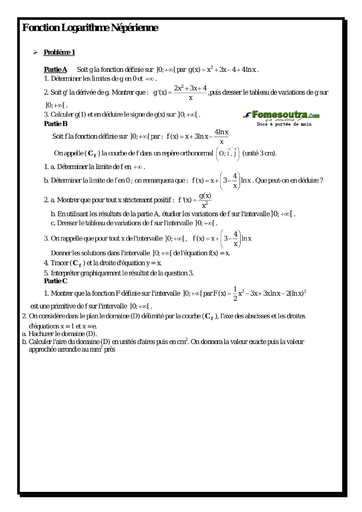 Problème (1) Etude d'une Fonction Logarithme Népérienne - Maths Terminale D