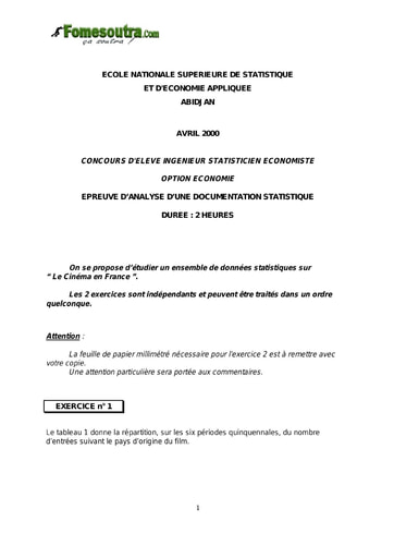 Sujet Analyse d'une documentation statistique ISE option économie 2000 (ENSEA)