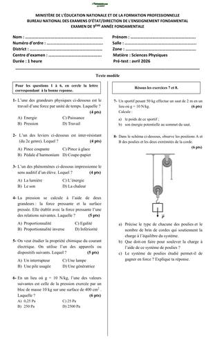 Modèle d'examen 2026 Sciences Physiques 9e AF by TEHUA