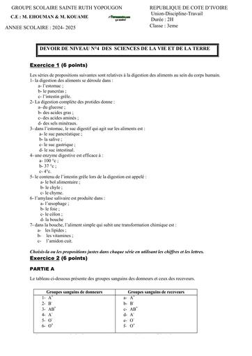 SUJET 3ième DEVOIR SURVEILLE N°4 SVT CORRIGE SAINTE RUTH DE YOP BY TEHUA