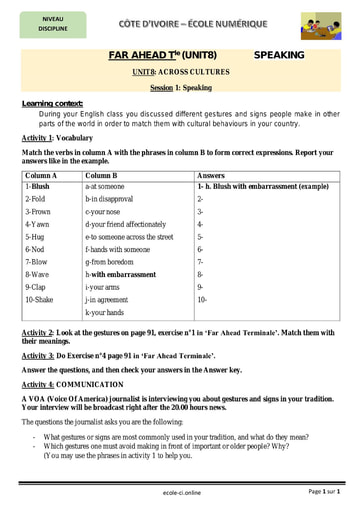 UNIT8: ACROSS CULTURES (session 1) - Cours d'Anglais niveau Terminale