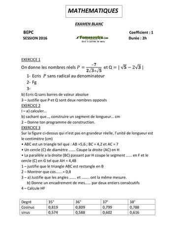 Sujet Maths BEPC blanc 2016 - Cours du soir Educ-Coprim