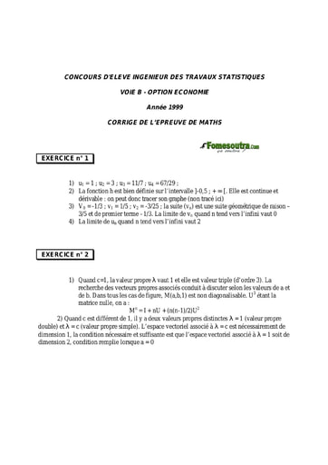 Corrigé Maths ITS B option Economie 1999 (ENSEA)