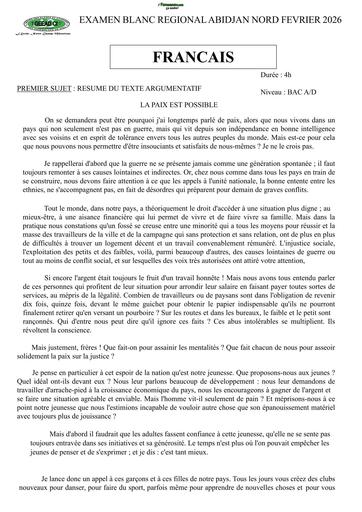 BAC BLANC FEVRIER 2026 DRENA ABIDJAN NORD SUJET Français SERIE ABCD (SUJET) by TEHUA