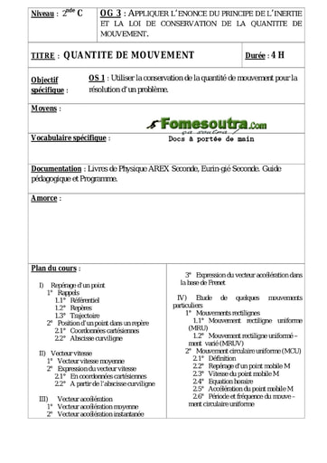 Quantité de mouvement - Cours de Physique 2nd C