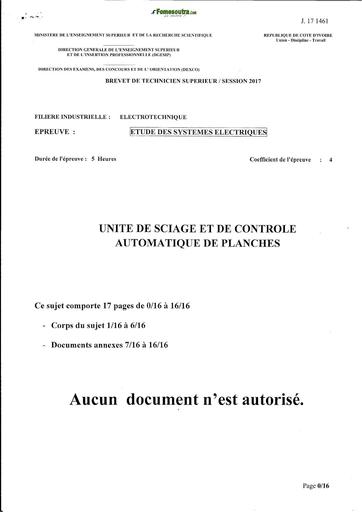 SUJET BTS 2017 ESE ELT UNITE DE SCIAGE ET CONTROLE AUTOMATIQUE DES PLANCHES BY TEHUA