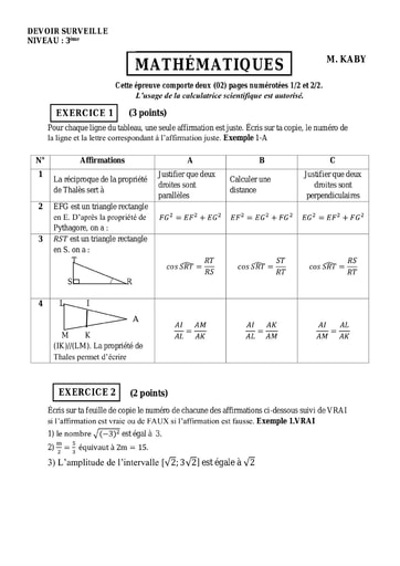 Devoir 3ème 2Trimestre MATHS