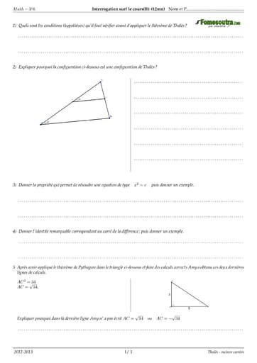 Sujet TP 4 portant sur le théorème de Thalès et de Pythagore maths niveau 3eme