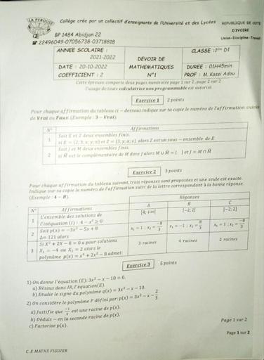 Devoir de Mathématiques niveau 1ere D - Collège La Pérouse - Année scolaire 2021-2022