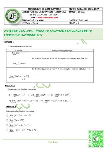 FICHE 1 MATHS Tle A ÉTUDE DE FONCTIONS POLYNÔMES ET DE FONCTIONS RATIONNELLES BY TEHUA