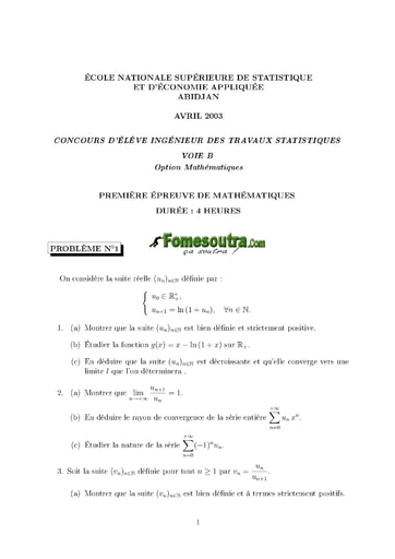 Sujet 1ère épreuve de maths ITS B option Maths 2003 (ENSEA)