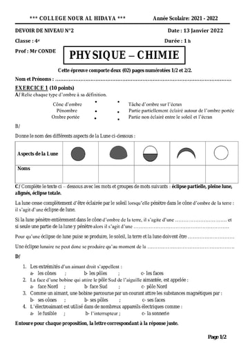 4e PC devoir surveillé 2