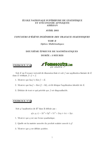 Sujet 2ème épreuve de maths ITS B option Maths 2003 (ENSEA)