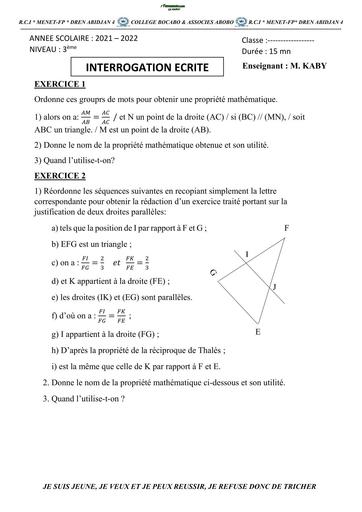 INTERRO ECRITE DE MATHS NIVEAU 3ieme sur Thales COLLEGE BOCABO ET SASSOCIES ABOBO BY TEHUA