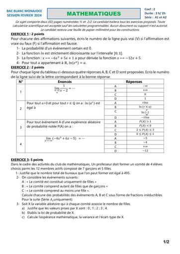 MATHS BAC Tle A1 et A2 FEVRIER 2024 COLLEGE MONAJOCE by DJAHASHIKAN