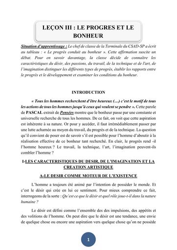 COURS DE PHILO Tle A Leçon 3 LE PROGRÈS ET LE BONHEUR BY TEHUA