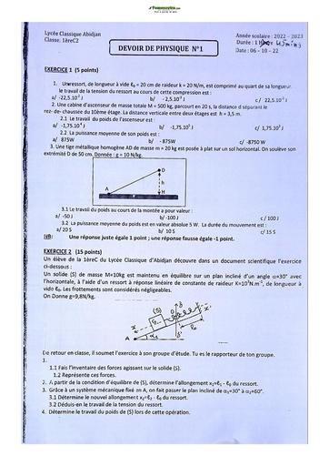Sujet de Physique-Chimie Première C Lycée Classique Abidjan 2022-2023