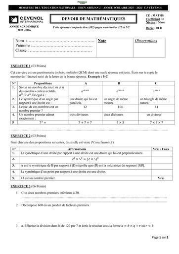 DEVOIR DE Maths NIVEAU 5ième 25 26 Trimestre 1 Cevenol by TEHUA
