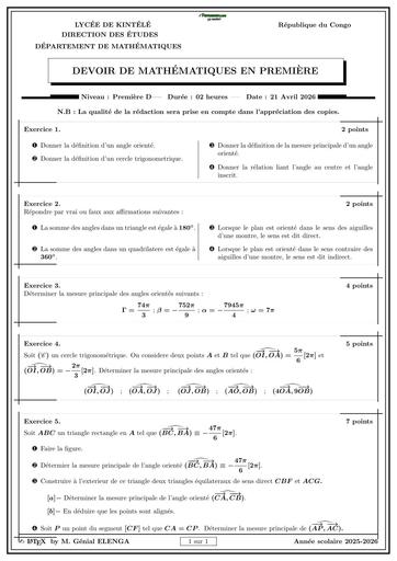 DEVOIR DE MATHS NIVEAU 1ière D CONGO TRIMESTRE 3 BY TEHUA