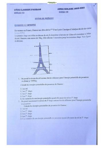 Sujet de Physique-Chimie Niveau Première D Lycée Classique Abidjan 2023