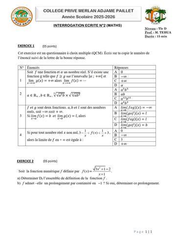 INTERROGATION DE MATHS N°2 Tle D MERLAN Octobre 2025 by Tehua